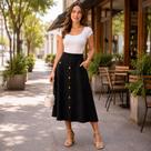 Saia feminina midi bengaline com botões e bolsos elegante confortável para qualquer ocasião.
