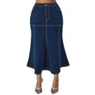 Saia feminina plus size, jeans longa, cintura alta, estilo casual