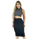 Saia Feminina Preto Cintura Alta MIDI + Top Listrado