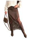 Saia Floerns, café, marrom, renda, patchwork, cintura alta, feminina