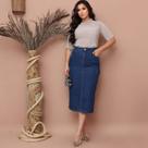 Saia Jeans Cargo Azul Escuro Com Fenda e Bolsos Moda Cristã Evangélica