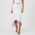 Saia Jeans Color Barra Assimetrica Desfiada Branca