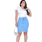 Saia Jeans com elastano bordado de flores botão rosa