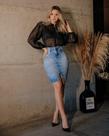 Saia jeans com lycra e cinta modeladora
