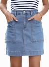 Saia jeans Sidefeel, cintura alta, elástica, casual, azul claro