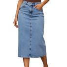 Saia jeans tamanho médio abertura na lateral e bolsos Saia jeans tamanho médio abertura na lateral e bolsos