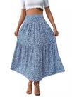 Saia maxi feminina de cintura alta azul floral em camadas