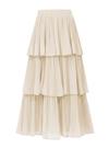 Saia maxi feminina OULESIS, chiffon bege, babados, em camadas