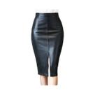 Saia Midi De Couro Preto Para Mulheres, Outono, PU, Estilo Lápis, Sexy, Com Fenda Frontal E