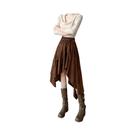 Saia Midi Feminina Boêmia Vintage De Camurça Assimétrica Evasê Retrô Outono Inverno