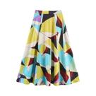 Saia Midi Feminina Elegante Romântica De Cintura Alta Estampada Com Combinação De Cores Tipo a