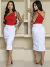 Saia Midi Jeans com Fenda Lateral e Acabamento Desfiado Feminina Moderna Saia Midi Jeans com Fenda Lateral e Acabamento Desfiado Feminina Moderna