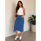 Saia Midi Jeans Lápis Cintura Alta Moda Evangélica