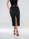 Saia midi jeans preta cintura alta com fenda na frente com Bolso Premium Lançamento moda.