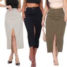 Saia midi jeans preta cintura alta com fenda na frente com Bolso Premium Lançamento moda.