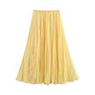 Saia Midi Plissada Amarela De Cintura Alta Para Mulheres, Estilo Fada Elegante Com Babados,