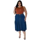 Saia midi plus size feminina, jeans evasê de cintura alta