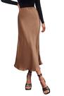 Saia Midi PRETTYGARDEN de Cetim Marrom Cintura Alta Modelo A-Line Tamanho L