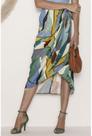 Saia midi viscose estampada com drapeado frontal