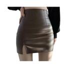 Saia Mini De Couro PU Preta Para Mulheres, Cintura Alta, Fenda Lateral, Saia Curta Justa, Estilo Saia Mini De Couro PU Preta Para Mulheres, Cintura Alta, Fenda Lateral, Saia Curta Justa, Estilo