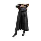 Saia Plissada De Couro PU Preto De Cintura Alta Para Mulheres, Saia Midi A-Line Fashionável