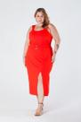 Saia Plus Size Midi com Fenda Frontal Cintura com Elástico e Cinto Decorativo Vermelha Verônica