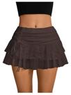Saia Verdusa Y2k, renda, babado, mini malha, cintura alta, marrom