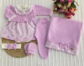 Saída de Maternidade 6 Peças em Malha Tricô Vestido, Body, Manta, Luvas e Tiara