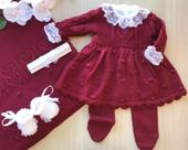 Saída de maternidade de menina vestido pipoca em tricot 4 peças