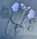 Saida de Maternidade em Tricot Menino Augusto + Kit Gorro e Luvas 5 Peças