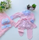 Saída de maternidade menina vestido laço tricot 6 peças Saída de maternidade menina vestido laço tricot 6 peças
