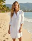 Saída De Praia Moda Feminina Camisão Kimono Maio De Praia Canga Chemise Manga Longa Com Bolso Na Frente De Botão Leve Fresca Branca