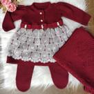 Saída maternidade luxo tricô 3 peças - Vestido, manta, calça