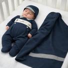 Saída Maternidade Menino Kit Macacão Manta Boné Azul Marinho AS-674