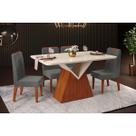 Sala de Jantar Completa Argo c/ Tampo Madeirado c/ Vidro Curvo 136x90cm e 4 Cadeiras Lia Freijo/Off White - Suede Lunar - DJ Móveis