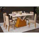 Sala de Jantar Completa Argo c/ Tampo Madeirado c/ Vidro Curvo 136x90cm e 6 Cadeiras Lia Freijo/Off White - Suede Kraft - DJ Móveis