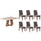Sala de Jantar Completa Celeste c/ Tampo Madeirado c/ Vidro Curvo 160x90cm e 6 Cadeiras Ondina Freijo/Off White - Suede Lunar - DJ Móveis