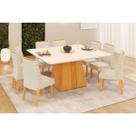 Sala de Jantar Completa Itália c/ Tampo Madeirado c/ Vidro Curvo 136x136cm e 8 Cadeiras Ondina Cedro/Off White - Linho Neve - DJ Móveis