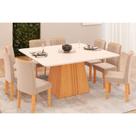 Sala de Jantar Completa Itália Tampo Madeirado c/ Vidro Curvo 136x136cm e 8 Cadeiras Zoe Cedro/Off White - Suede Creme - DJ Móveis Sala de Jantar Completa Itália Tampo Madeirado c/ Vidro Curvo 136x136cm e 8 Cadeiras Zoe Cedro/Off White - Suede Creme - DJ Móveis