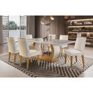 Sala de Jantar Completa Jade c/ Tampo Madeirado c/ Vidro Canto Curvo 180cm + 6 Cadeiras Jade Imbuia/Veludo Creme - Rufato