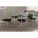 Sala de Jantar Completa Reno c/ Tampo Vidro 150cm + 6 Cadeiras Portugal Cromado/Courano Preto - Kappesberg Sala de Jantar Completa Reno c/ Tampo Vidro 150cm + 6 Cadeiras Portugal Cromado/Courano Preto - Kappesberg