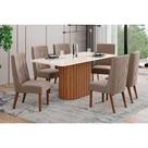 Sala de Jantar Completa Solana c/ Tampo Madeirado c/ Vidro Curvo 160x90cm e 6 Cadeiras Eloa Nature/Veludo Light Marrom Amêndoa - Henn
