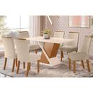Sala de Jantar Completa Solus Tampo Madeirado c/ Vidro 160x90cm e 6 Cadeiras Malu Nature/Veludo Light Linho - Henn