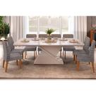 Sala de Jantar Completa Zafira Tampo Madeirado c/ Vidro Curvo 200x100cm e 8 Cadeiras Ondina Off White - Freijo/Suede Lunar - DJ Móveis