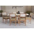 Sala Jantar Mesa Elma Premium Madeira Maciça c/ Tampo Madeirado c/ Vidro 170x90cm e 6 Cadeiras Lola Carvalho/Off White - Boucle Bege Fendi-Kappesberg