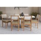 Sala Jantar Mesa Elma Premium Madeira Maciça c/ Tampo Madeirado c/ Vidro 170x90cm e 6 Cadeiras Lola Carvalho/Off White - Boucle Bege Fendi-Kappesberg