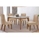 Sala Jantar Mesa Londrina Tampo c/ Vidro Curvo 120cm 4 Cadeiras Dafne Madeira Naturale/Off White - Capuccino/Suede Creme - Rufato
