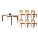 Sala Jantar Mesa Londrina Tampo c/ Vidro Curvo 180cm+6 Cadeiras Havana Naturale/Off White - Linho Bege - Rufato