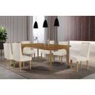 Sala Jantar Mesa Londrina Tampo Curvo 180cm+6 Cadeiras Dafne Madeira Naturale - Capuccino/Suede Creme - Rufato