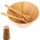 Saladeira de 30 cm pegadores em bambu saleiro e Pimenteiro P